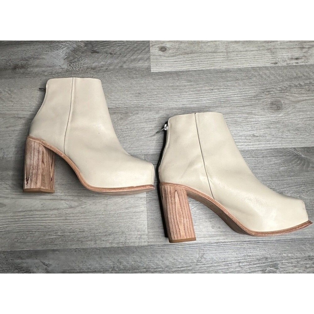 Wal & Pai Cream Leather Platform Ankle Boots Square Toe Wood Heel Size 10/41